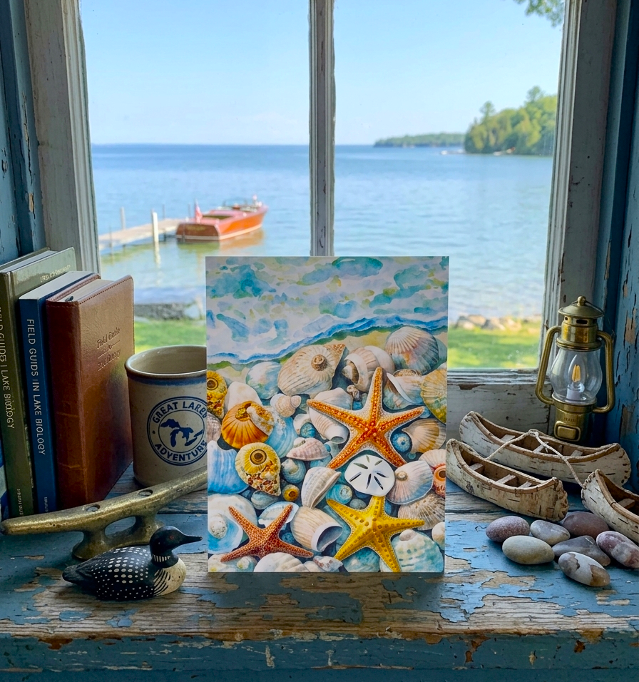 Note Card of seashells and starfish on a windowsill with a view of a lake.