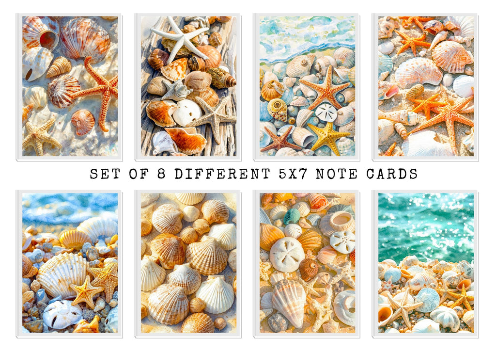 Set of 8 different 5x7 note cards featuring seashells and starfish.