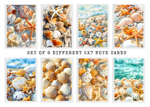Set of 8 different 5x7 note cards featuring seashells and starfish.