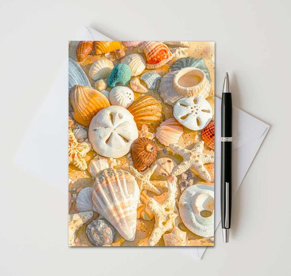 Card with a colorful design of seashells and starfish on a white background