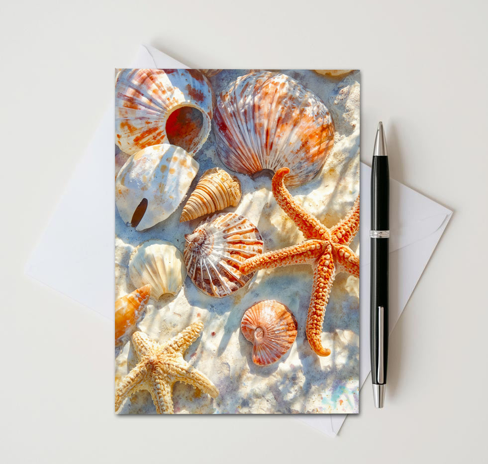 Note Card with seashell and starfish design on a white background