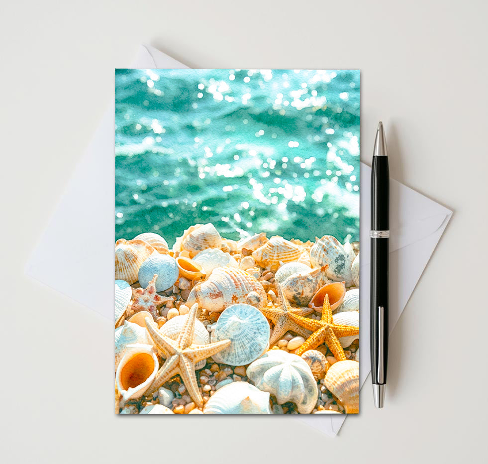 Note card with a beach-themed cover featuring shells and a starfish, next to a pen and envelope on a white background.