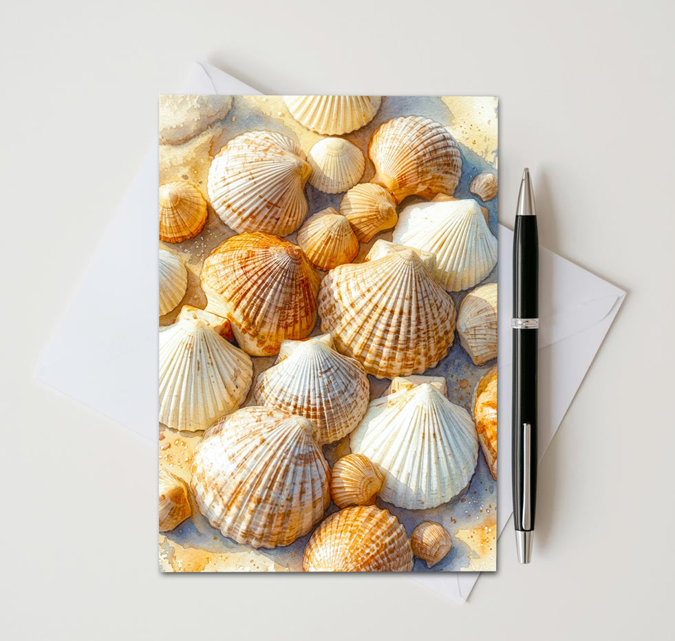 Card with seashell pattern on a white background with a pen and envelope.