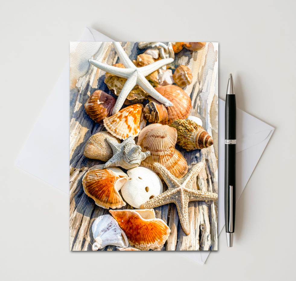 Greeting card with seashells and starfish design on a white background