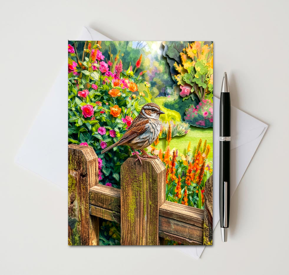 Garden Songbird Note Cards, Set of 8 Handmade 5x7 Rustic Floral Bird Cards