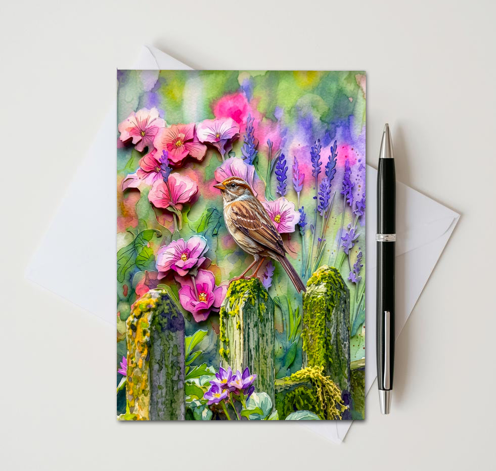 Garden Songbird Note Cards, Set of 8 Handmade 5x7 Rustic Floral Bird Cards
