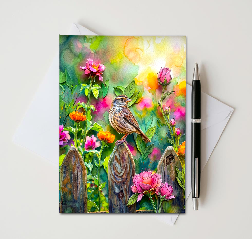 Garden Songbird Note Cards, Set of 8 Handmade 5x7 Rustic Floral Bird Cards