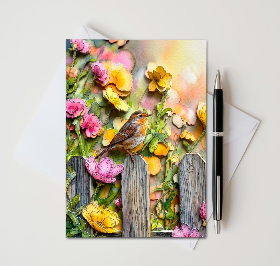 Garden Songbird Note Cards, Set of 8 Handmade 5x7 Rustic Floral Bird Cards