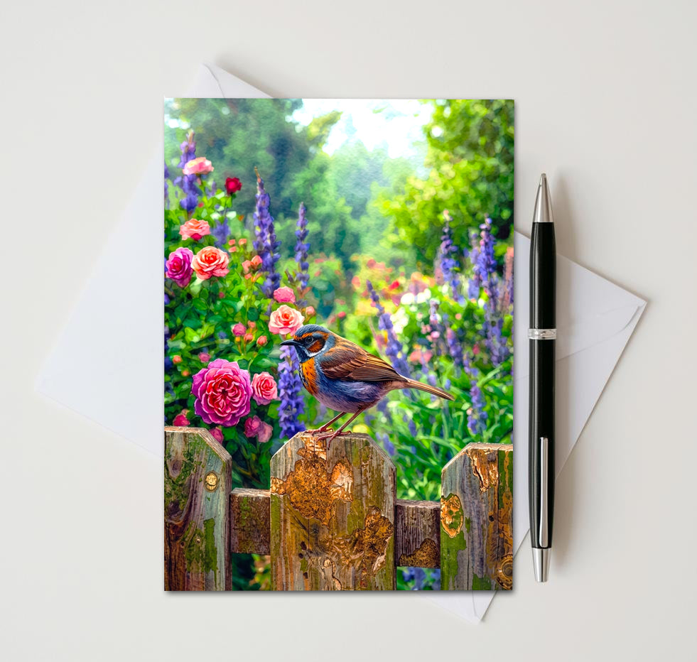 Garden Songbird Note Cards, Set of 8 Handmade 5x7 Rustic Floral Bird Cards
