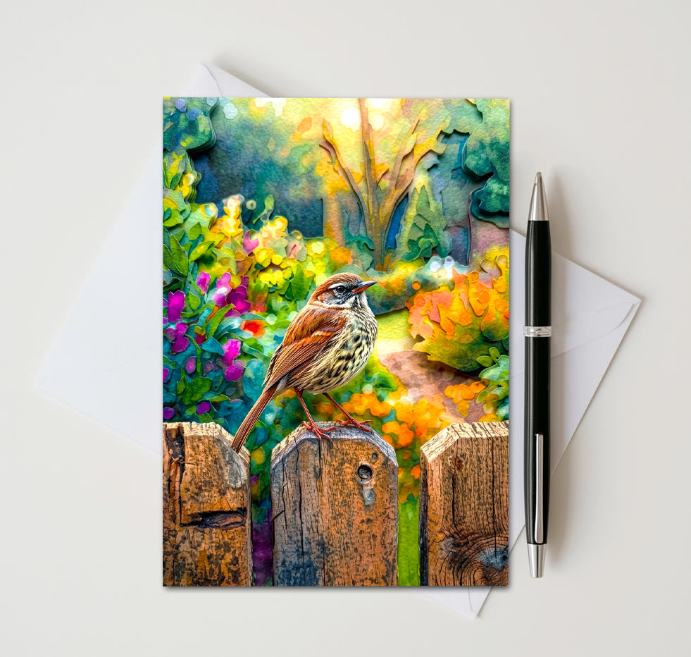 Garden Songbird Note Cards, Set of 8 Handmade 5x7 Rustic Floral Bird Cards
