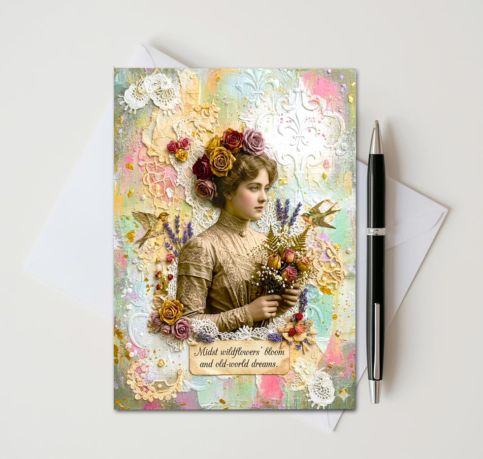 Victorian Floral Note Card, Handmade 5x7 Romantic Greeting Card