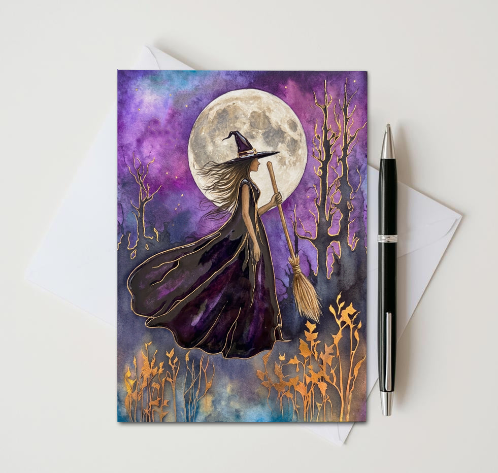 Witch Note Cards Set of 8, Gothic Fantasy Art Blank Greeting Cards, Celestial Witchcraft Stationery, Mystical Halloween 5x7 Card Pack