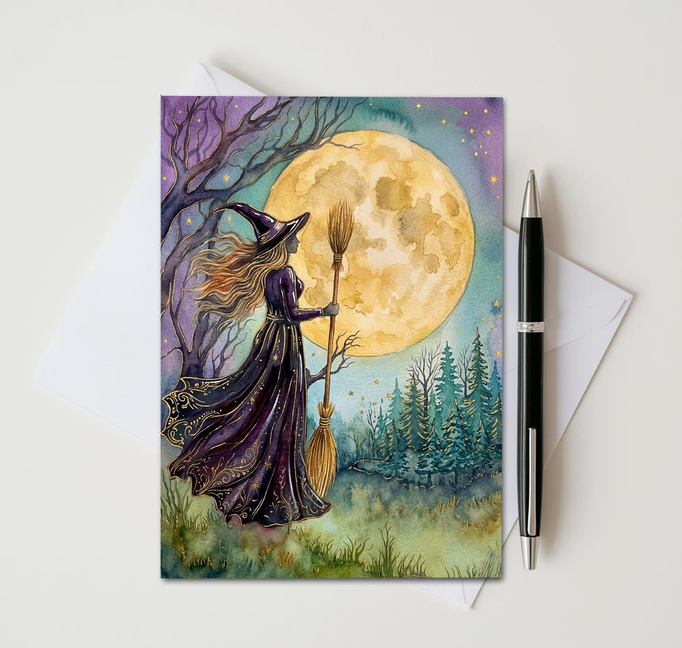 Witch Note Cards Set of 8, Gothic Fantasy Art Blank Greeting Cards, Celestial Witchcraft Stationery, Mystical Halloween 5x7 Card Pack