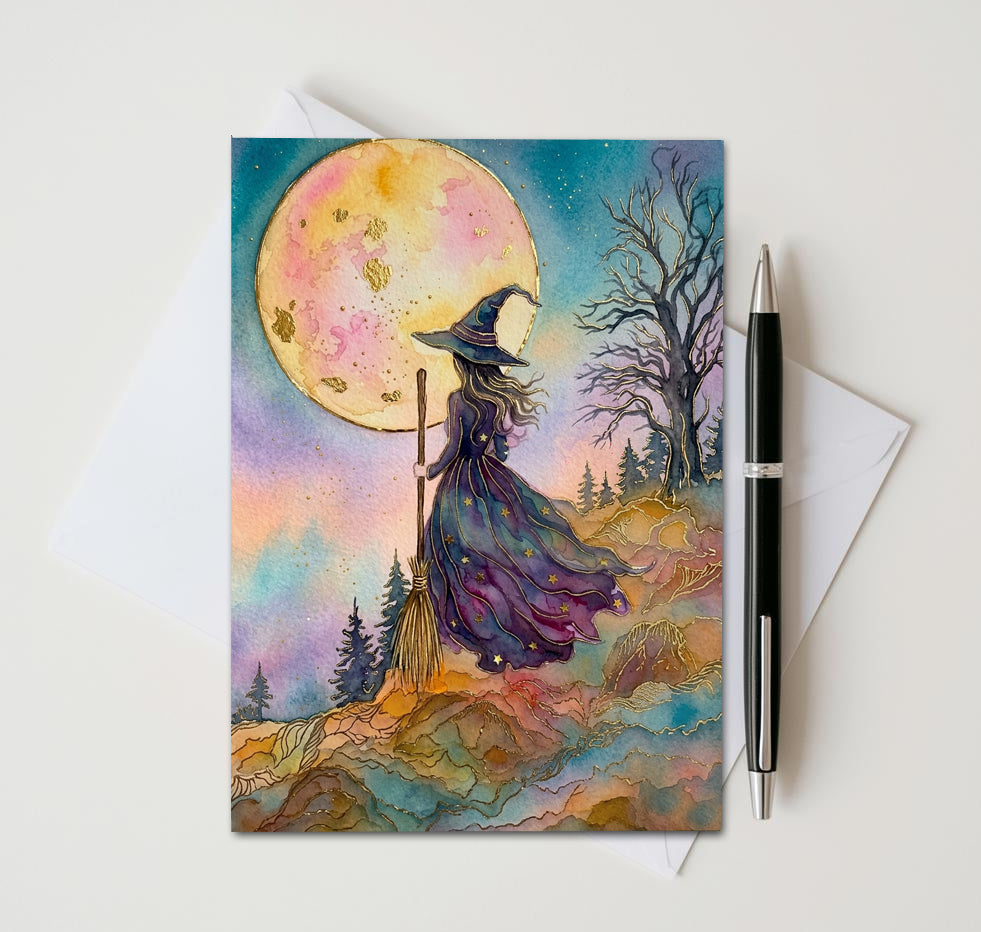 Witch Note Cards Set of 8, Gothic Fantasy Art Blank Greeting Cards, Celestial Witchcraft Stationery, Mystical Halloween 5x7 Card Pack