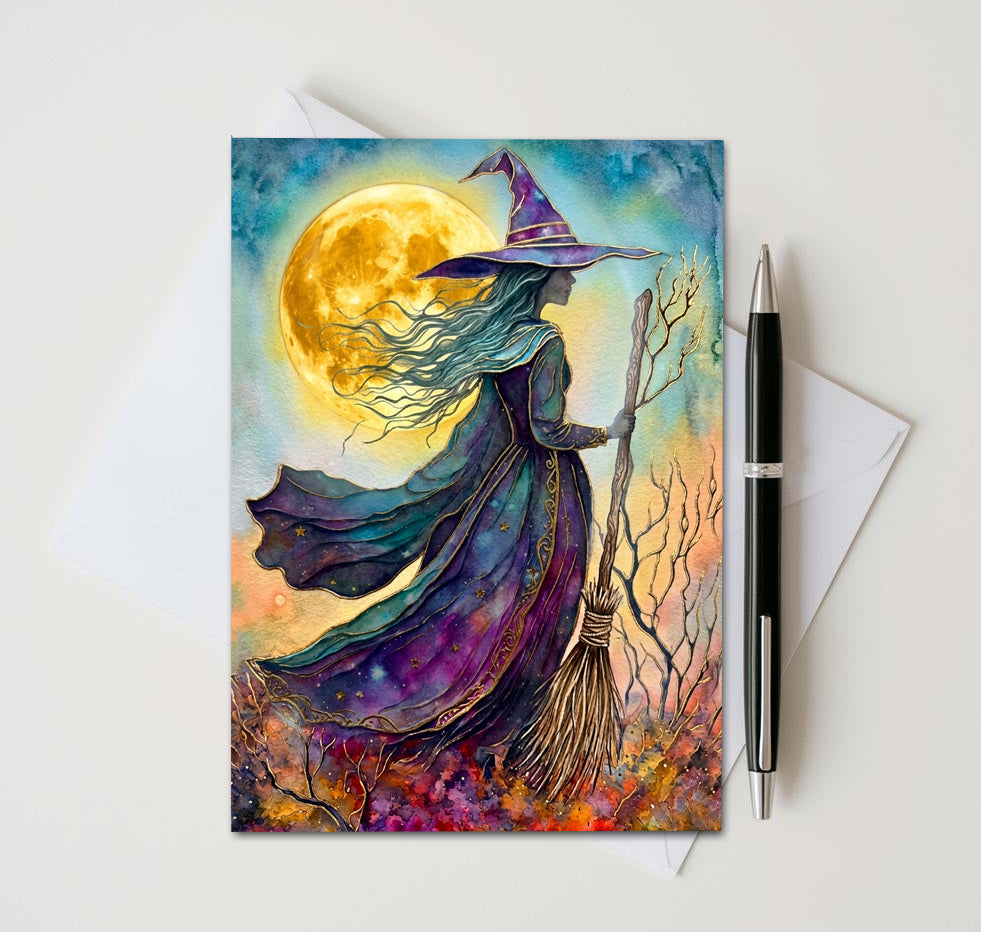 Witch Note Cards Set of 8, Gothic Fantasy Art Blank Greeting Cards, Celestial Witchcraft Stationery, Mystical Halloween 5x7 Card Pack