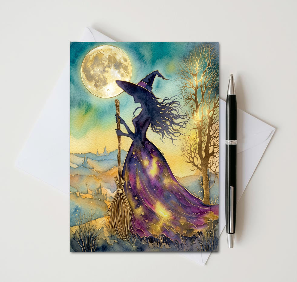Witch Note Cards Set of 8, Gothic Fantasy Art Blank Greeting Cards, Celestial Witchcraft Stationery, Mystical Halloween 5x7 Card Pack