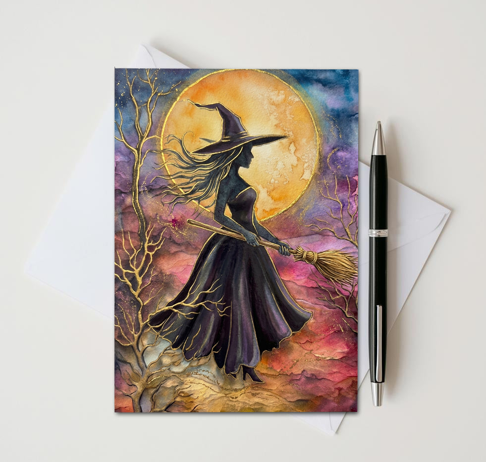Witch Note Cards Set of 8, Gothic Fantasy Art Blank Greeting Cards, Celestial Witchcraft Stationery, Mystical Halloween 5x7 Card Pack