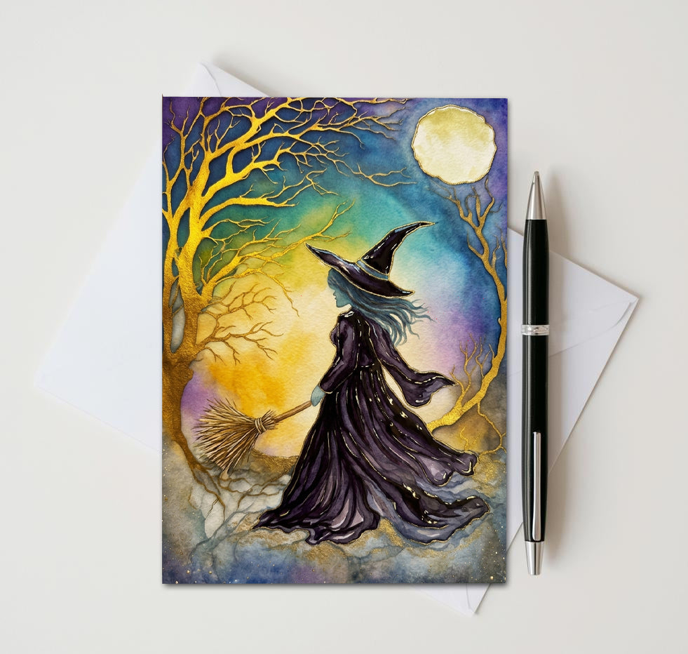 Witch Note Cards Set of 8, Gothic Fantasy Art Blank Greeting Cards, Celestial Witchcraft Stationery, Mystical Halloween 5x7 Card Pack