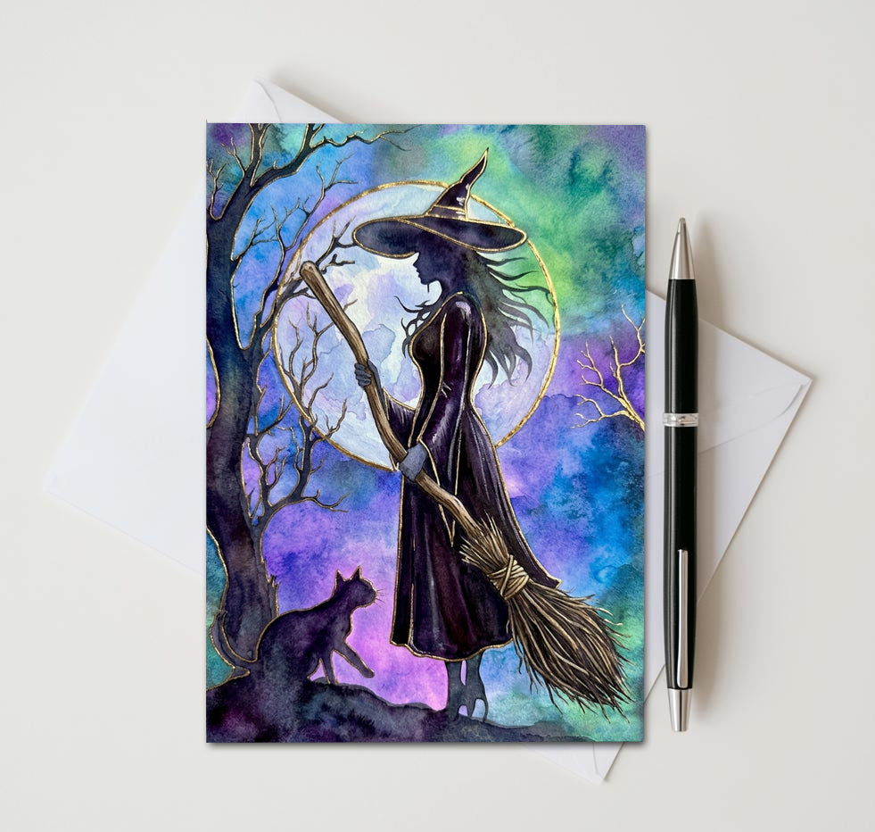Witch Note Cards Set of 8, Gothic Fantasy Art Blank Greeting Cards, Celestial Witchcraft Stationery, Mystical Halloween 5x7 Card Pack