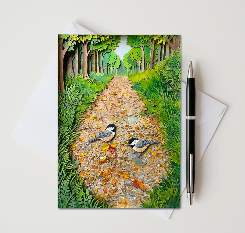 Chickadee Path Note Card, Handmade 5x7 Bird Nature Greeting Card