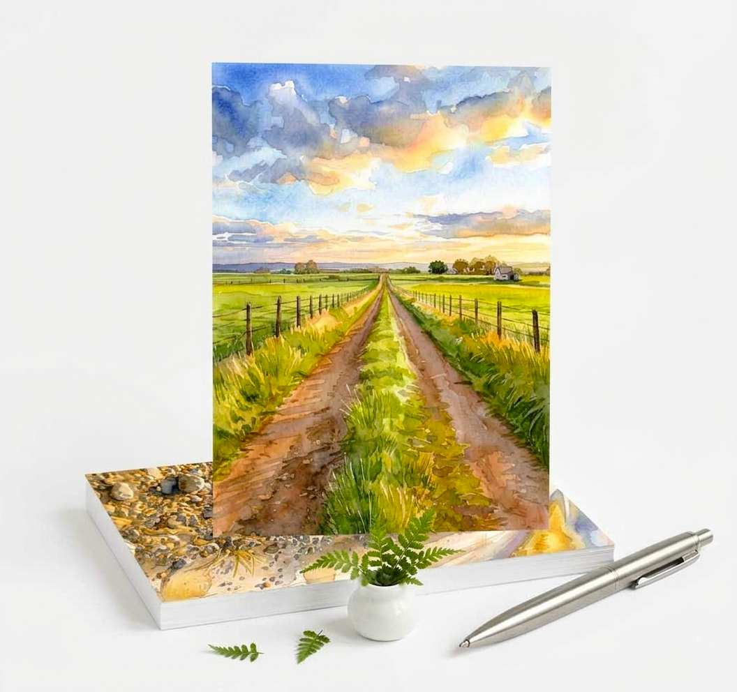 Notecard with a scenic landscape cover featuring a dirt path and fields, on a white background.