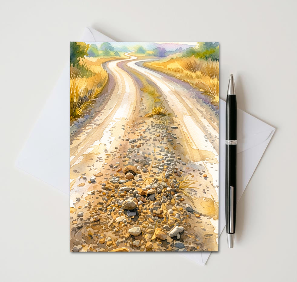 Notecard with a scenic road illustration on a white background