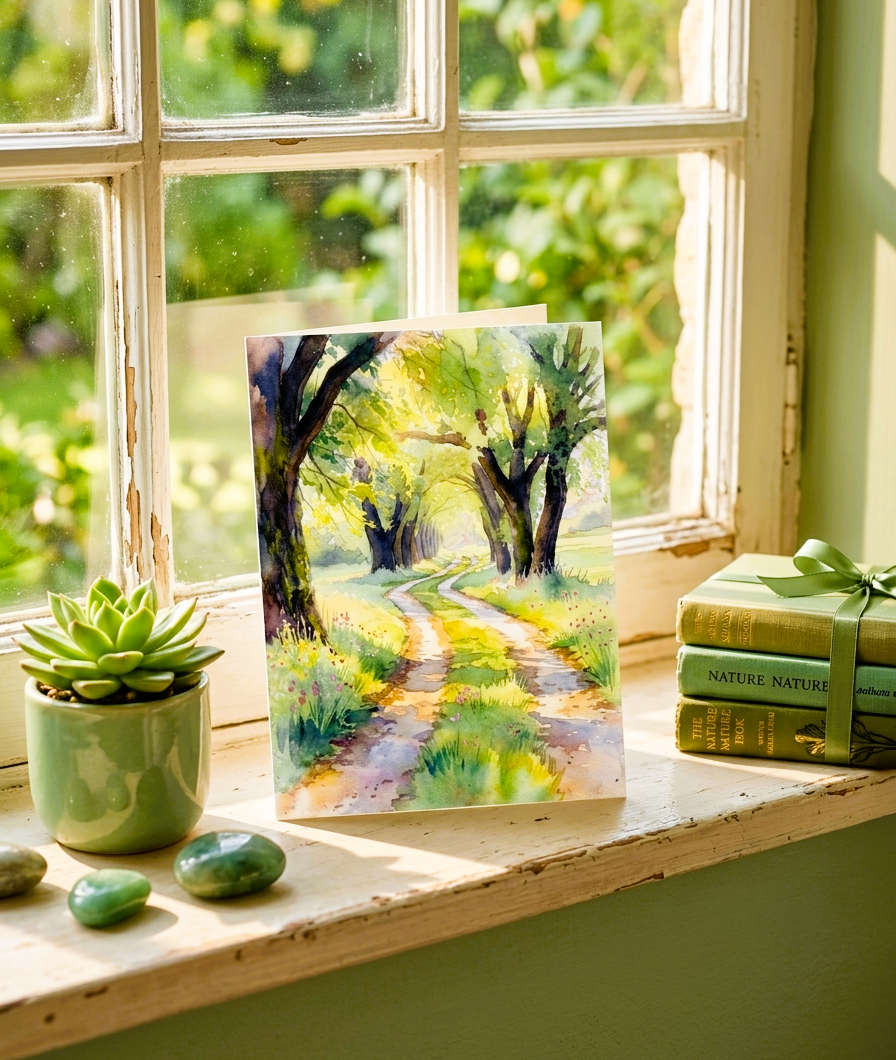 Greeting card with nature scene on a windowsill with a potted plant and gift box.