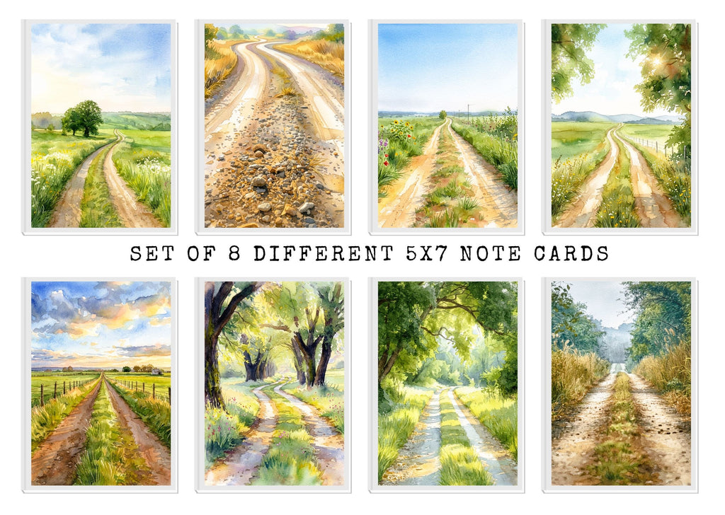 Set of 8 different 5x7 note cards featuring scenic paths and landscapes.