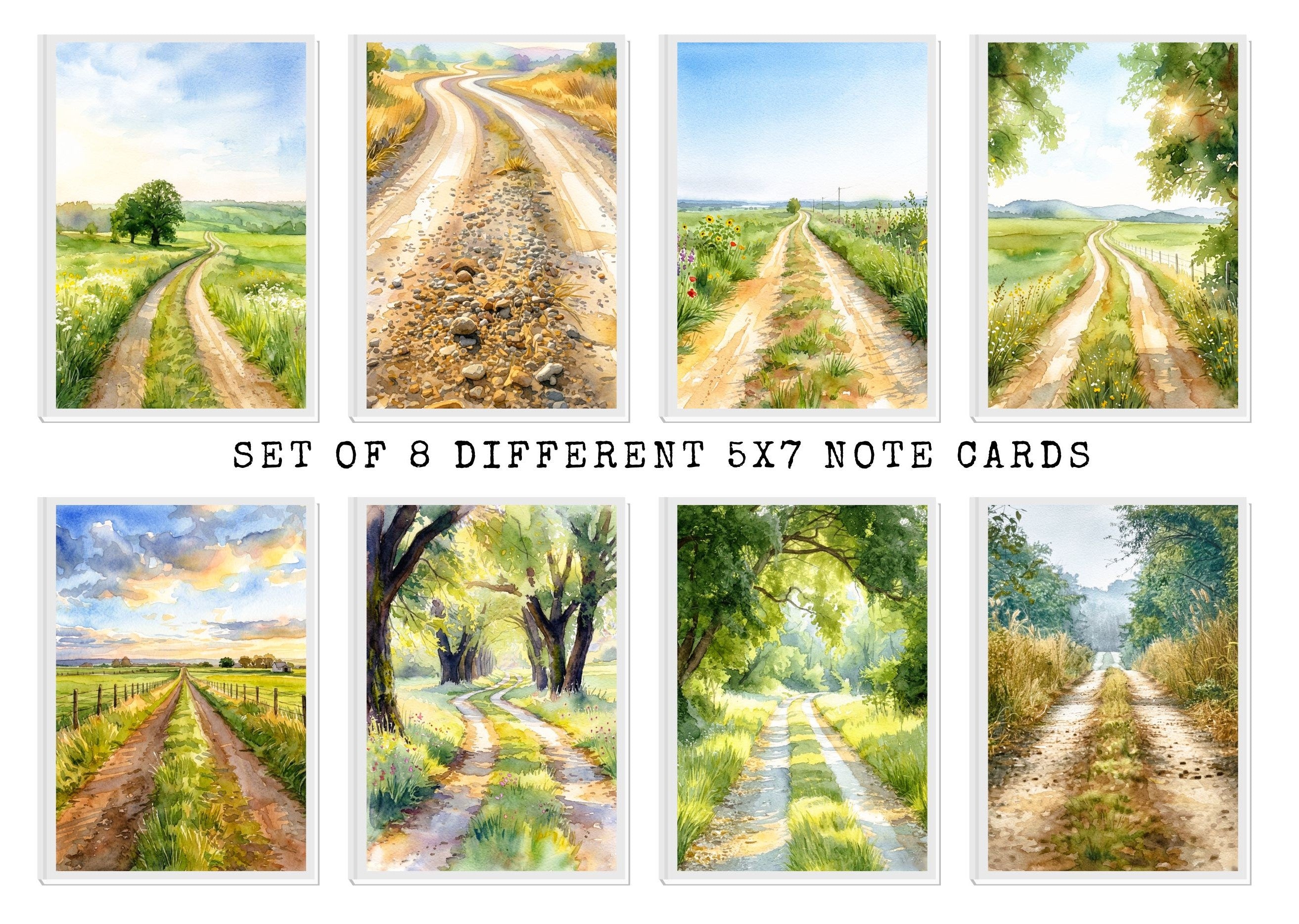 Set of 8 different 5x7 note cards featuring scenic paths and landscapes.