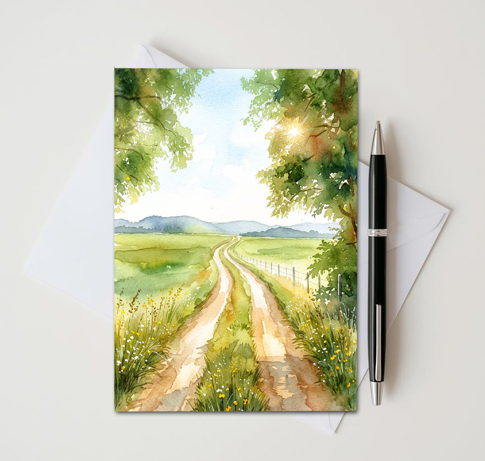 Greeting card with a scenic illustration of a path and trees, accompanied by a pen and envelope.