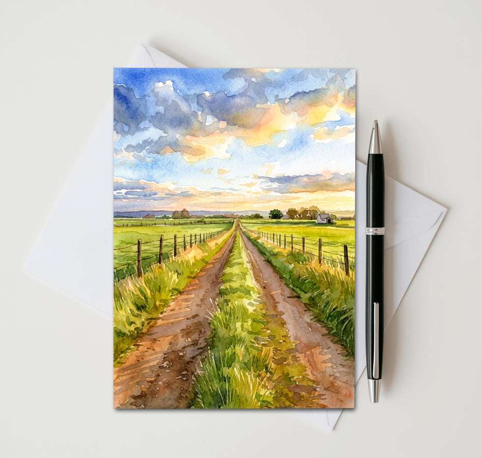 Greeting card with a painted landscape of a path leading to a fence and fields, with a pen on a white background.