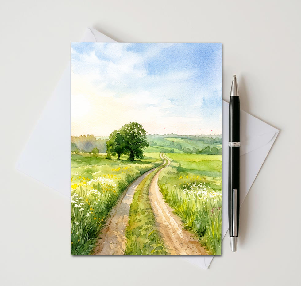 Greeting card with a painted landscape of a dirt path and trees, accompanied by a pen and envelope.