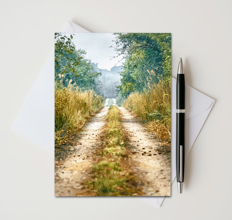 Greeting card with a scenic path and pen on a white background