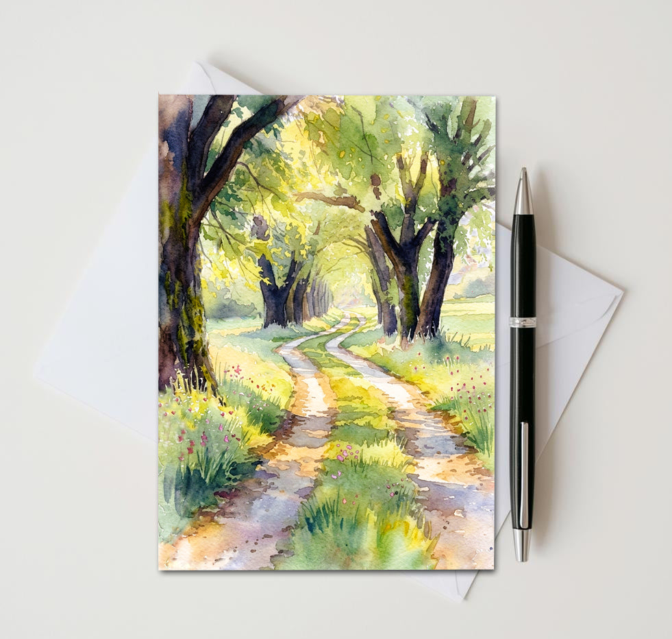Greeting card with a watercolor painting of a forest path, pen, and envelope on a white background