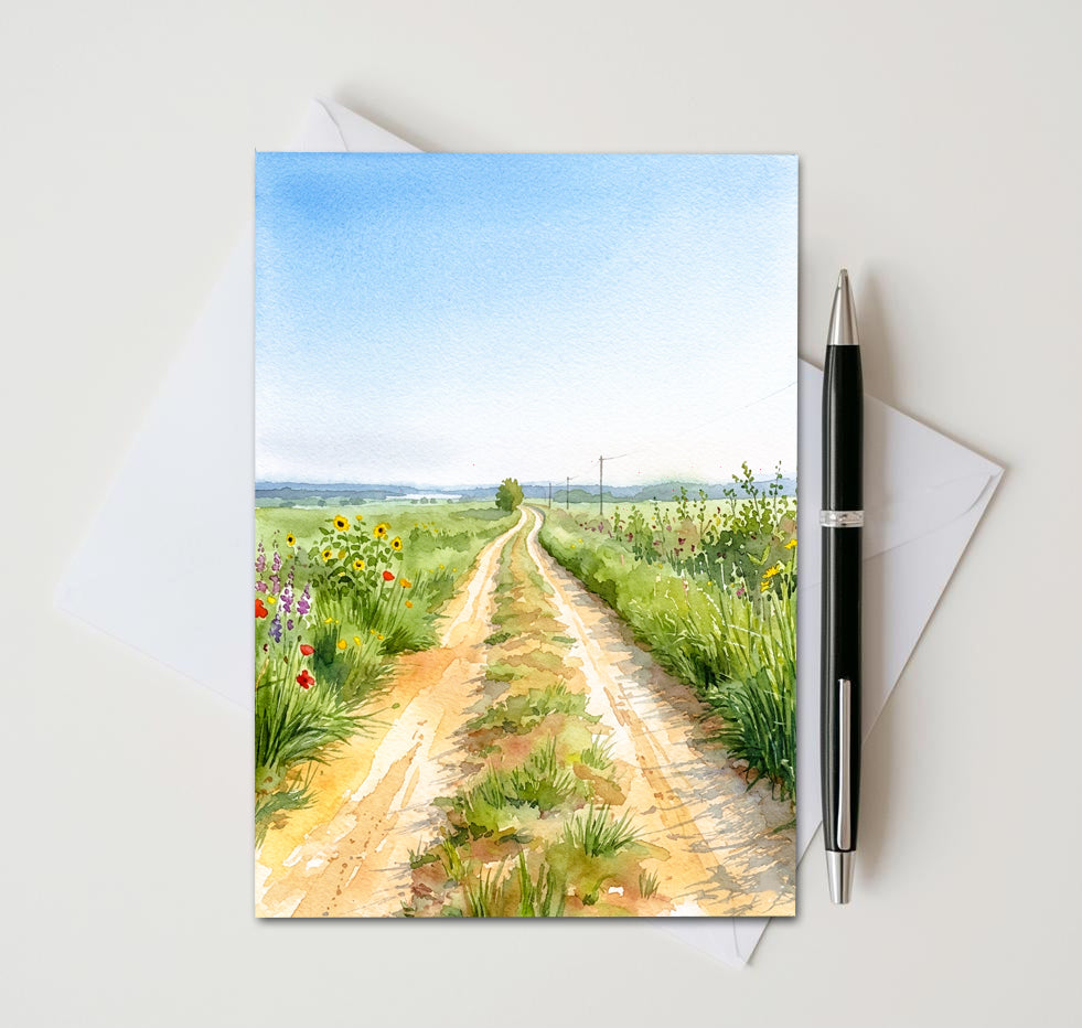 Greeting card with a painted landscape of a dirt path and wildflowers, accompanied by a pen and envelope.