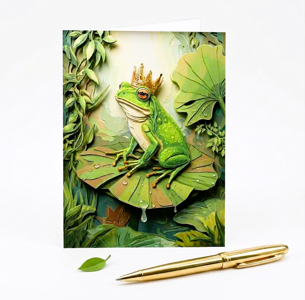 Note Card of frog with a crown on a leaf surrounded by greenery, with a gold pen next to it.
