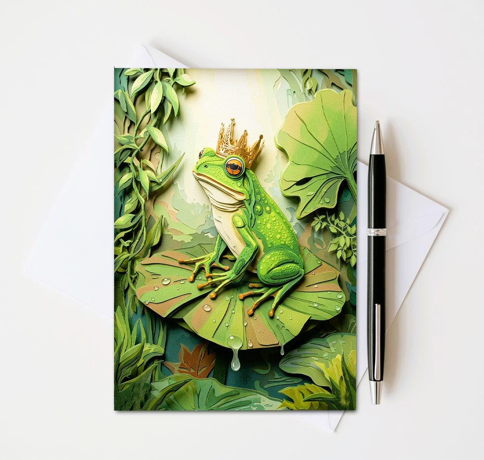 Note card with a green frog illustration wearing a crown on a leaf, accompanied by a pen and envelope.