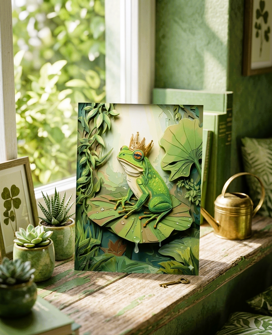Decorative note card with a frog illustration on a wooden surface with plants and a window in the background.