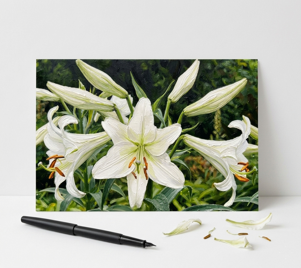 botanical note card of close up white lilies and greenery with a black pen and a few flower petals in front of card on white surface