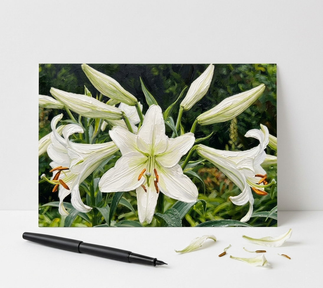 botanical note card of close up white lilies and greenery with a black pen and a few flower petals in front of card on white surface