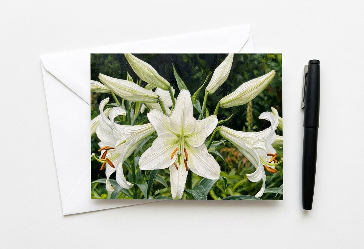 Another photo of same botanical note card of close up white lilies and greenery with a black pen and white envelope on white surface