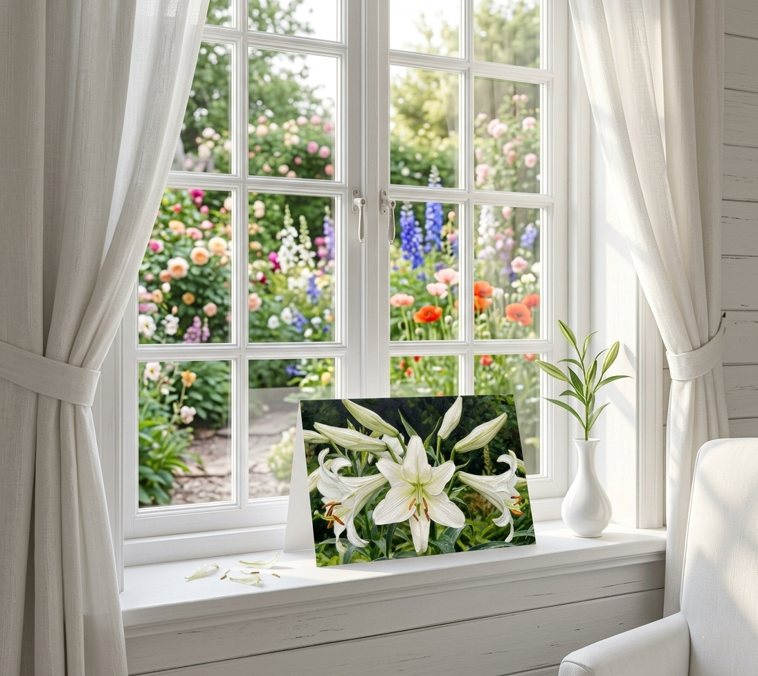 Another photo of same botanical note card of close up white lilies and greenery on a windowsill with a view of a garden.