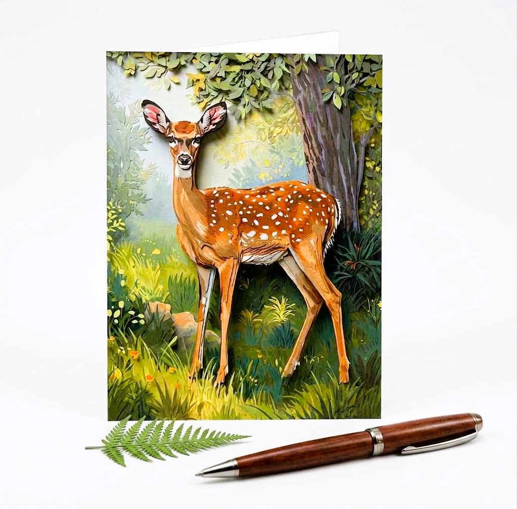 Card with a deer illustration in a forest setting and a pen on a white background