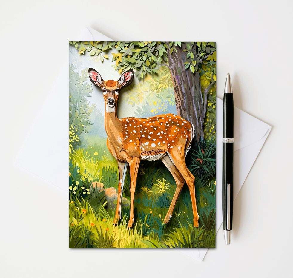 Card with a deer illustration on a white surface with a pen and envelope.
