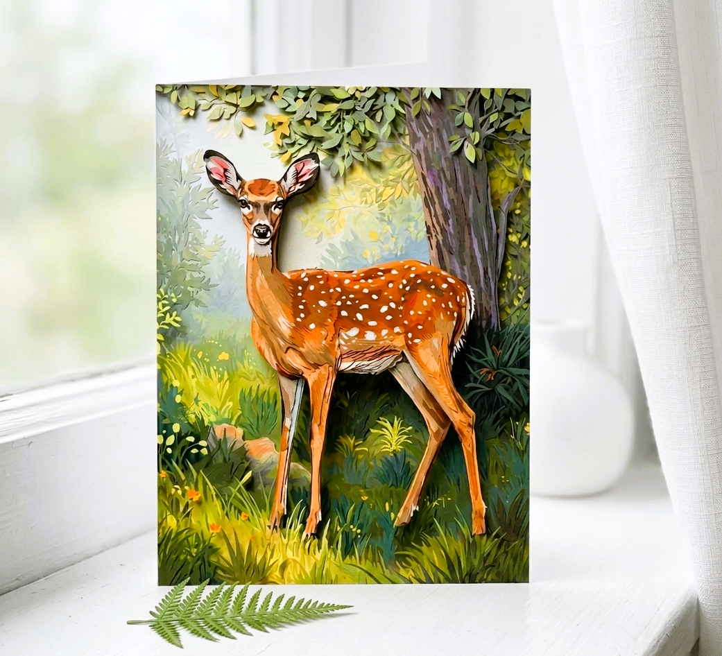 Note card of a deer in a natural setting on a white surface with a blurred background