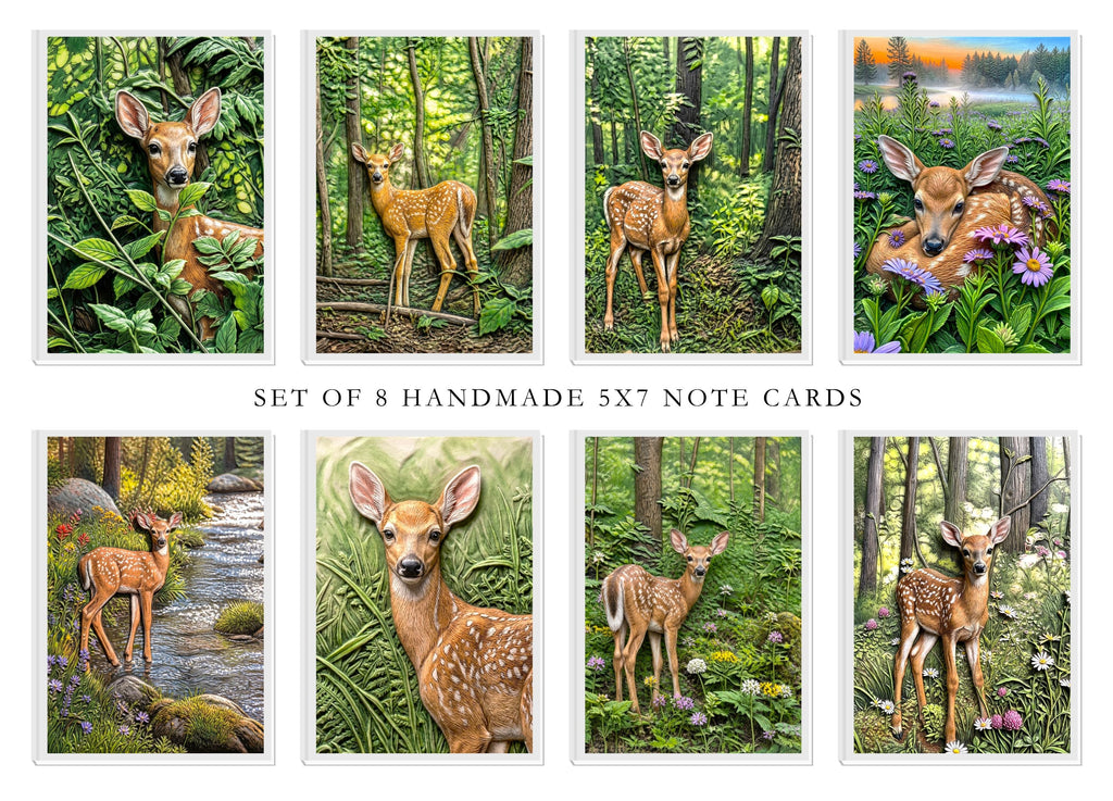 White Tailed Deer Fawn Note Cards, Set of 8 Handmade 5x7 Woodland Nature Greeting Cards