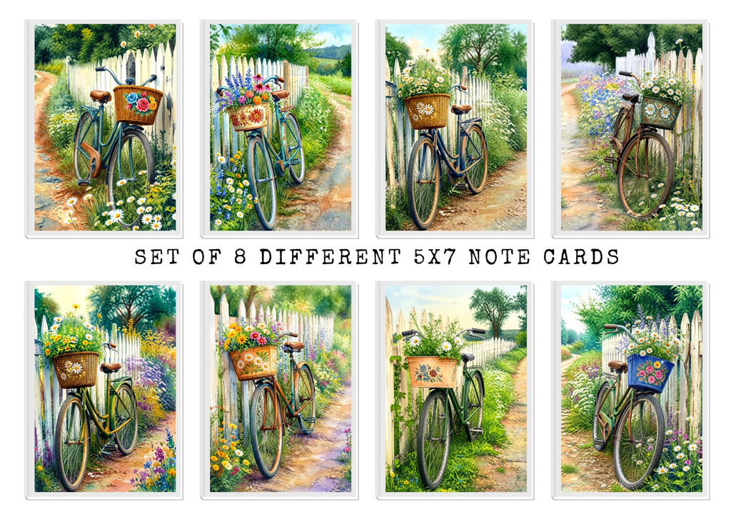 Vintage Bicycle Floral Note Cards, Set Of 8 Handmade 5x7 Garden Greeting Cards