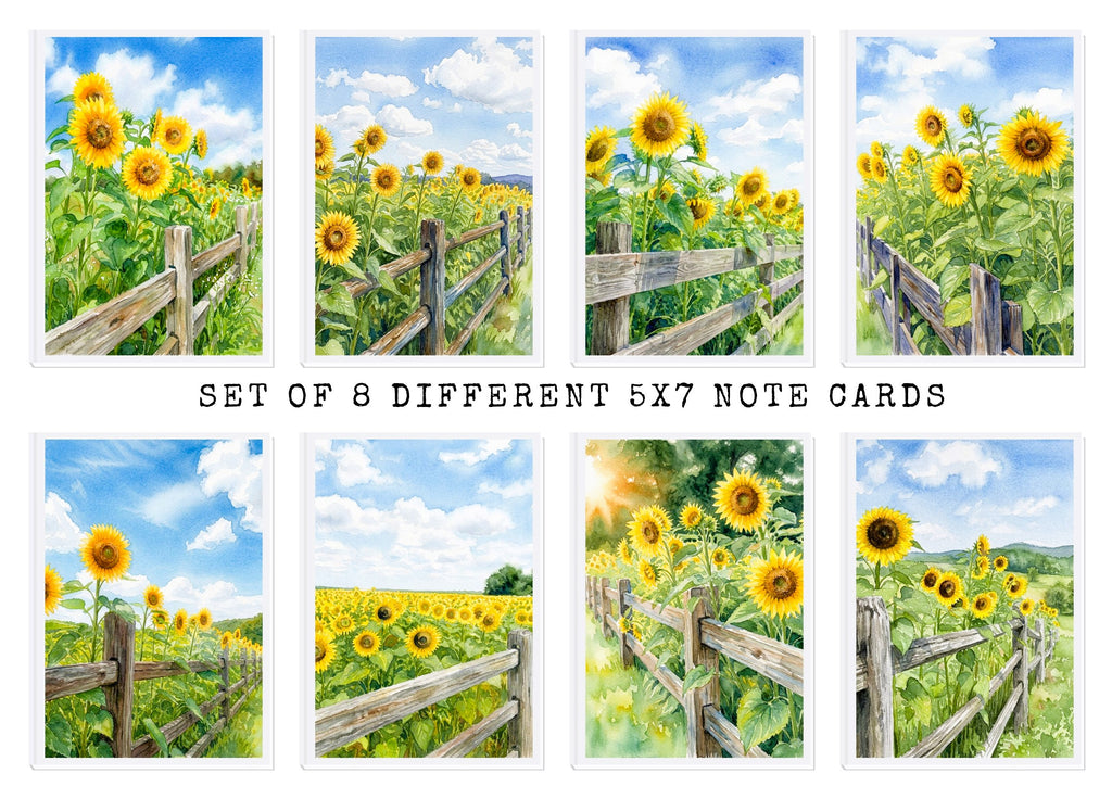 Sunflower Fence Note Cards, Set Of 8 Handmade 5x7 Summer Floral Greeting Cards