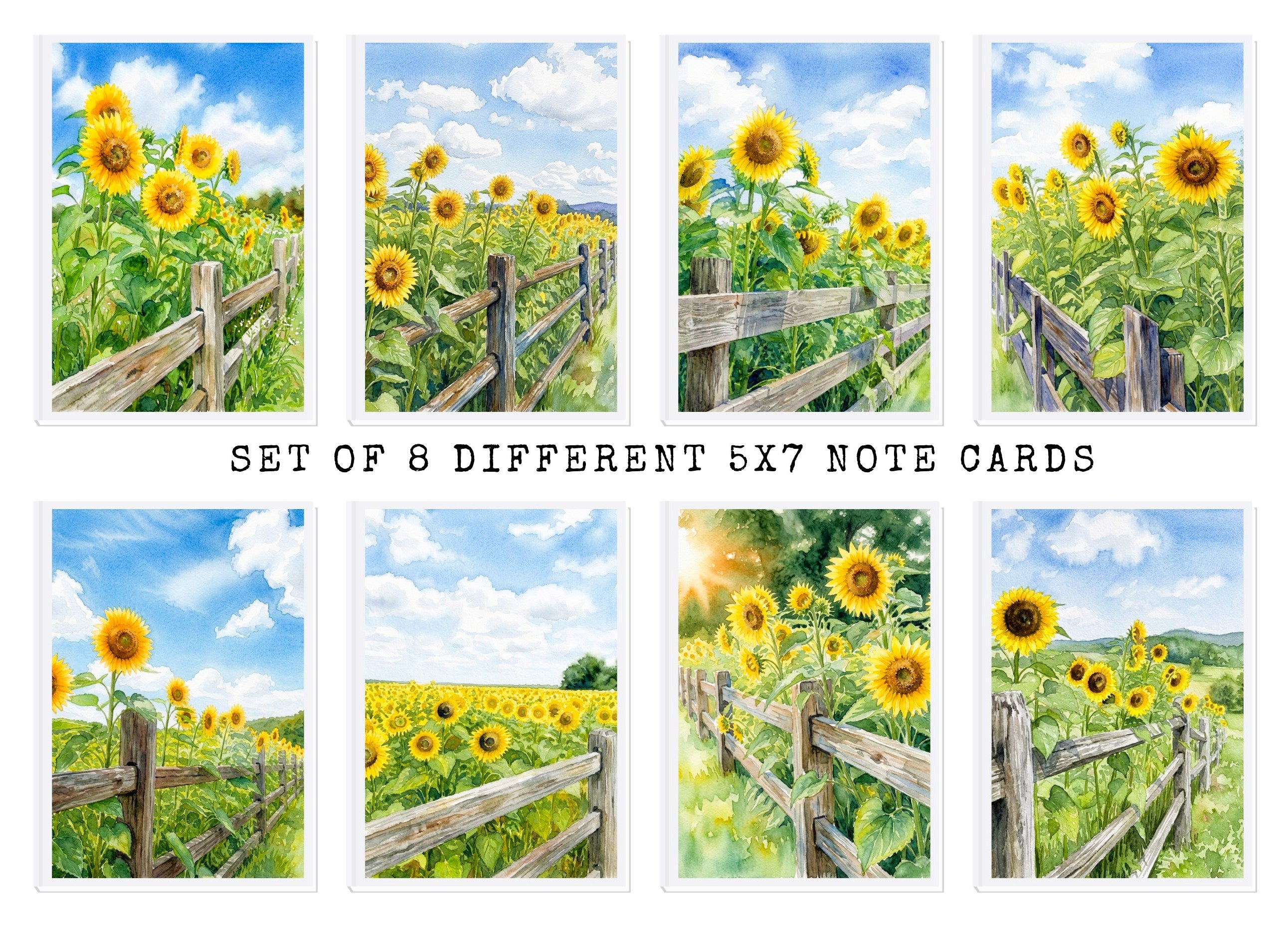 Sunflower Fence Note Cards, Set Of 8 Handmade 5x7 Summer Floral Greeting Cards