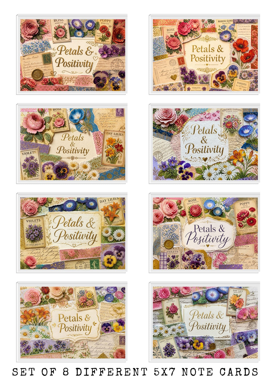 Vintage Petals Positivity Note Cards, Set Of 8 Handmade 5x7 Floral Collage Greeting Cards